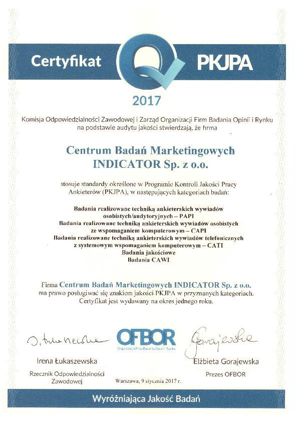 INFORMACJE O INDICATOR Centrum Badań Marketingowych INDICATOR funkcjonuje nieprzerwanie od 1990 roku, jesteśmy więc jedną z najdłużej działających na rynku agencji.