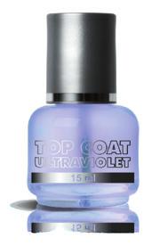 TOP COAT ULTRAVIOLET formuła zapobiegająca żółknięciu Top Coat Ultraviolet to rewelacyjny preparat posiadający kompleks fotoblokerów, które zapobiegają żółknięciu płytki.