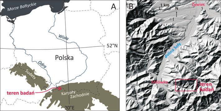 Obszar badań Obszar badań o powierzchni 2 km 2 znajduje się w południowo-wschodniej części masywu Prusowa (1010,2 m n.p.m.), w Beskidzie Żywieckim (Ryc. 2).