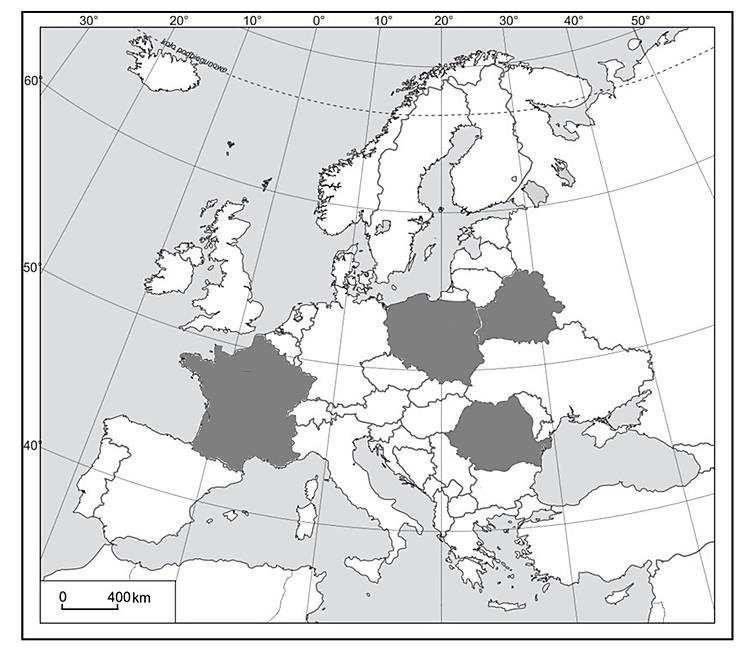 1. Zadania 103 Zadanie 180. Na mapie Europy zaznaczono wybrane cztery państwa. Stan polityczny z 2013 r. Na podstawie: Atlas geograficzny świata, Warszawa 2013, s. 43.