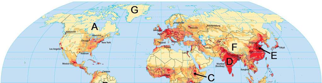 1. Zadania 109 1.3.2. Ludność Zadanie 189. Na mapie gęstości zaludnienia literami A G zaznaczono regiony o korzystnych lub mało korzystnych warunkach dla zamieszkania. Na podstawie: http://galleryhip.