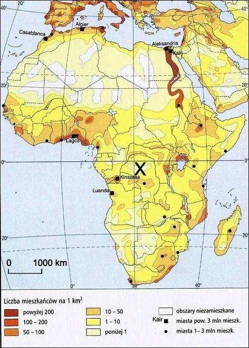 114 Egzamin maturalny. Geografia. Poziom rozszerzony. Zbiór zadań Zadanie 194. Na mapie literą X oznaczono jeden z obszarów Afryki o bardzo małej gęstości zaludnienia. Źródło: Atlas geograficzny.