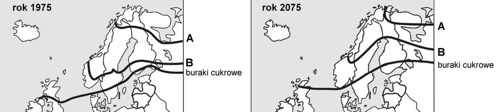 1. Zadania 135 Zadanie 230. Na mapach literami A D oznaczono północne zasięgi upraw wybranych roślin w 1975 r. oraz przewidywane północne zasięgi upraw tych samych roślin w 2075 r.