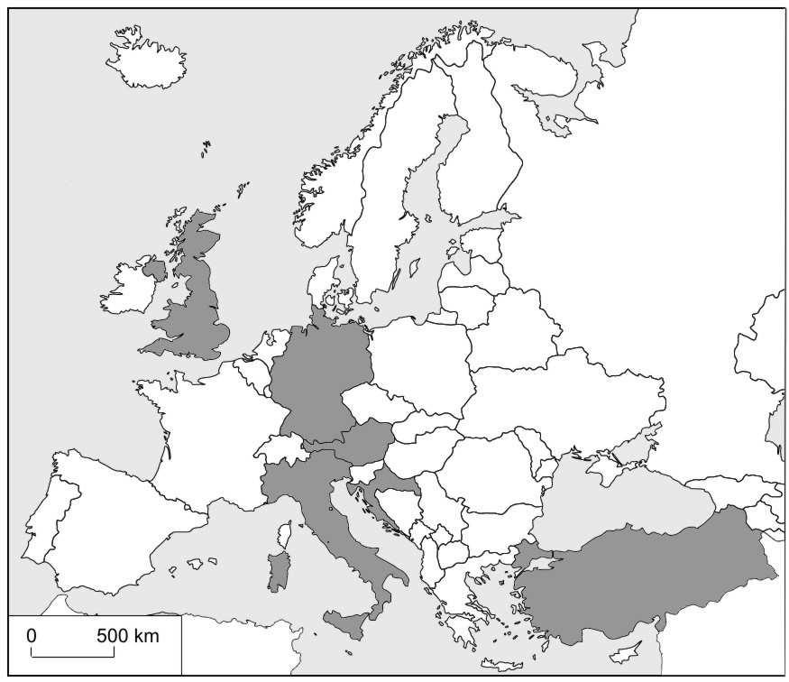 1. Zadania 183 Zadanie 327. Na mapie zaznaczono ciemnoszarą barwą sześć wybranych państw spośród najczęściej odwiedzanych przez Polaków w 2011 r. Na podstawie: http://www.intur.com.pl/polacy_zag11.