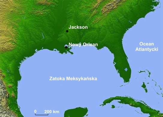 32 Egzamin maturalny. Geografia. Poziom rozszerzony. Zbiór zadań Zadanie 54. Na mapie zaznaczono położenie dwóch miast: Nowego Orleanu i Jackson. Na podstawie: http://www.hiltonpond.