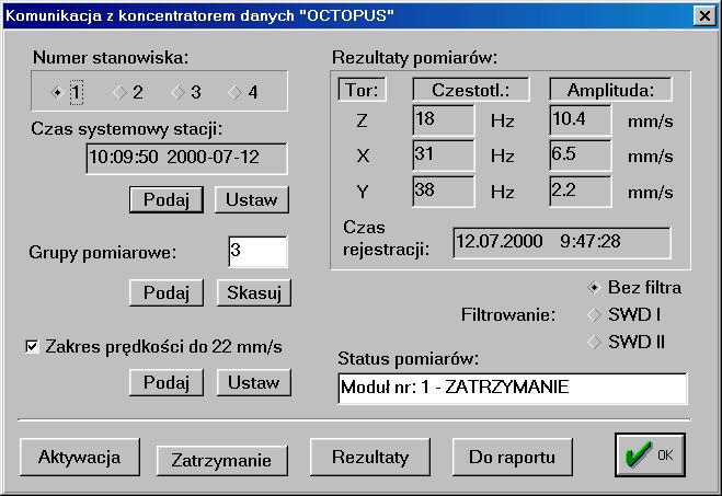 Rys. 2.3. Okno komunikacji z koncentratorem danych. Czas i godzina wykonania pomiaru Fig. 2.3. Communication window with data concentrator.