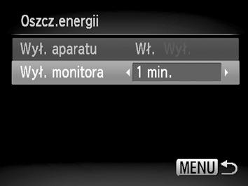 Zmiana ustawień aparatu Wyłączanie funkcji oszczędzania energii Dla funkcji oszczędzania energii (str. 52) można wybrać ustawienie [Wył.]. Zalecane ustawienie [Wł.