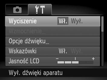 Zmiana ustawień dźwięku Można wyciszyć dźwięki aparatu lub dostosować ich głośność. Wyciszanie dźwięków Regulacja głośności Wyświetl menu. Naciśnij przycisk n. Wybierz opcję [Wyciszenie].