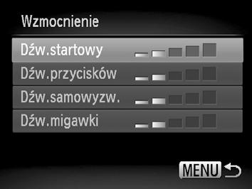 Wyświetl menu. Naciśnij przycisk n. Wybierz opcję [Wzmocnienie]. Za pomocą przycisków qr wybierz kartę 3. Za pomocą przycisków op wybierz opcję [Wzmocnienie], a następnie naciśnij przycisk m.