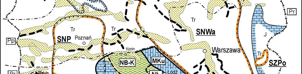 szczelinowy; b ośrodek szczelinowo-krasowy; 2-Niecki kredowe: ośrodek szczelinowo-porowy;