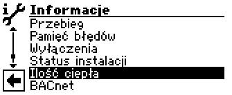 USTAWIENIA DOSTĘP Ogrzewanie c.w.u. Razem od : 1.1.1970 Wyprodukowana ilość ciepła w trybie c.o. w kwh Wyprodukowana ilość ciepła w trybie c.w.u. w kwh Suma wyprodukowanej ilości ciepła w kwh Wyprodukowana łącznie ilość ciepła od ustawionej tu daty (pokazano przykładową datę) Ostatnia linijka od:.