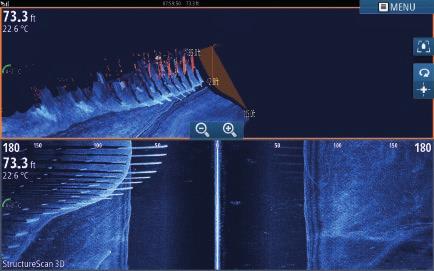 ECHOSONDY STRUCTURESCAN 3D Obrazowanie StructureScan 3D skanuje tereny podwodne i struktury, w których mogą skrywać się ryby, tworząc w wysokiej rozdzielczości trójwymiarowy podgląd przestrzeni pod