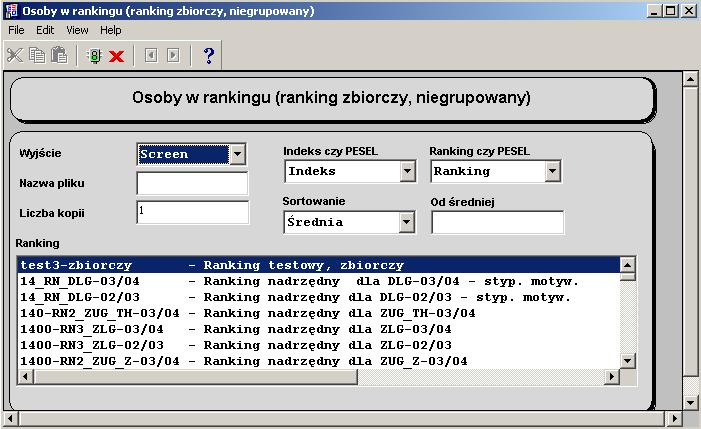 Rys. 16 Parametry raportu Osoby w rankingu Raport jest dostępny z menu głównego: Rankingi Raporty Osoby w rankingu (ranking zwykły) Rankingi Raporty Osoby w rankingu (ranking zbiorczy) Rankingi