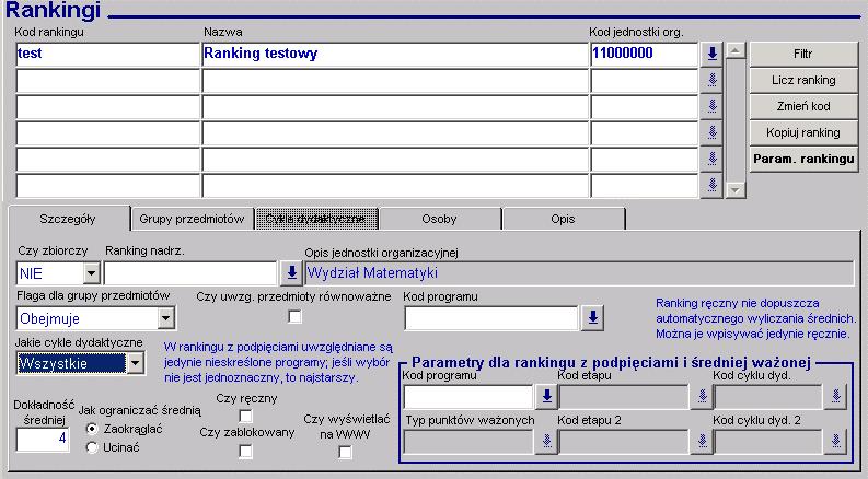 Rys. 1 Widok formularza rankingu zwykłego po wybraniu wartości dla pola Flaga dla grupy przedmiotów = Obejmuje Dla rankingów z Flagą dla grupy przedmiotów ustawioną na Wszystkie i Wyłącza dodatkowo