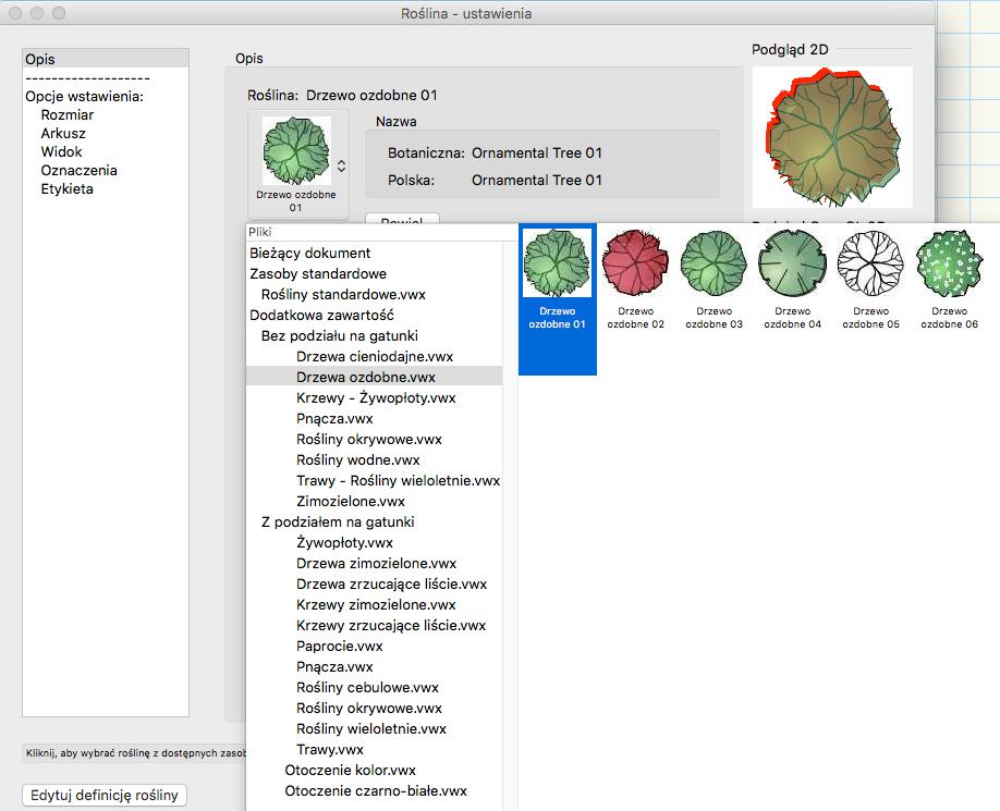 6. Klikamy na symbol rośliny, a następnie wybieramy odpowiadający nam symbol 2D.