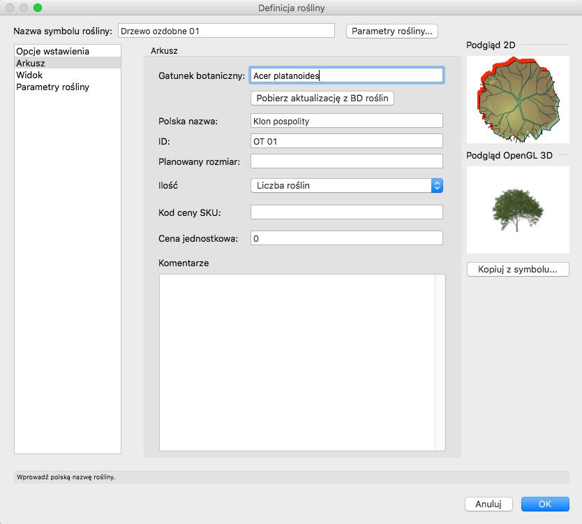Na bazie wybranego symbolu stworzymy definicję nowej rośliny. Klikamy przycisk Edytuj definicję rośliny.