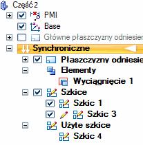 Rysowanie szkiców synchronicznych części Szkicowanie i karta PathFinder Lista rysowanych szkiców jest wyświetlana na karcie PathFinder.