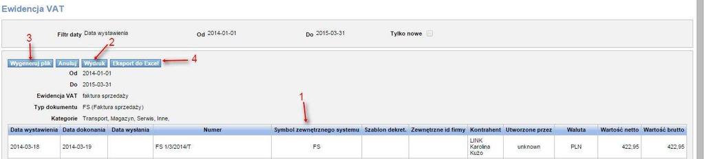 7.7.2 Realizacja eksportu danych do Ewidencji VAT 7.7.2.1 Wybór danych do eksportu danych do Ewidencji VAT Rys.