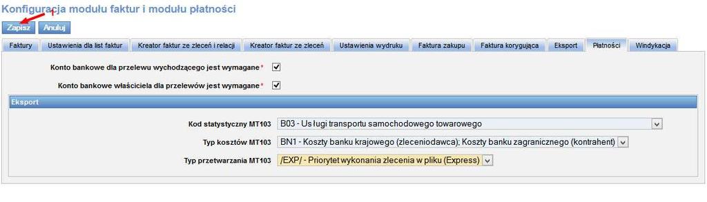 Rys. 331 Przykładowo zdefiniowane parametry eksportu przelewów Po wprowadzeniu danych zapisujemy je klikając przycisk [Zapisz] (Rys. 331, poz. 1). 11.5.