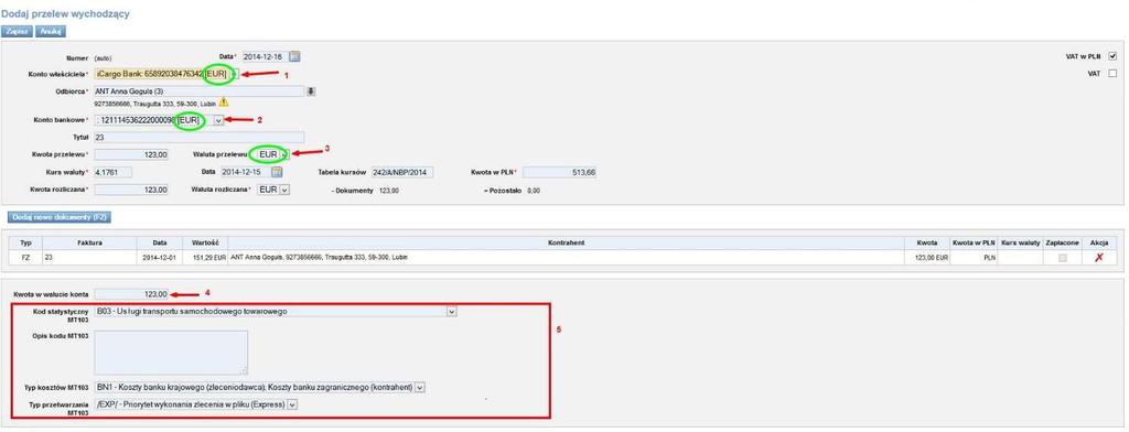 Rys. 335 Wypełnianie przelewu wychodzącego do eksportu W przypadku przelewu w PLN
