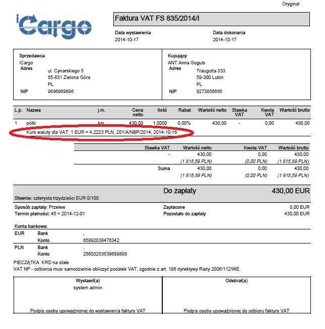 Rys. 393 Kurs waluty dla VAT na przykładowej fakturze VAT 12.