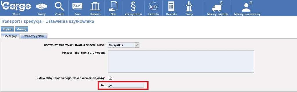 Liczbę dni można wpisać ręcznie lub ustawić domyślną liczbę dni, klikając prawym przyciskiem w nazwę użytkownika, znajdującą się w prawym górnym rogu programu icargo.