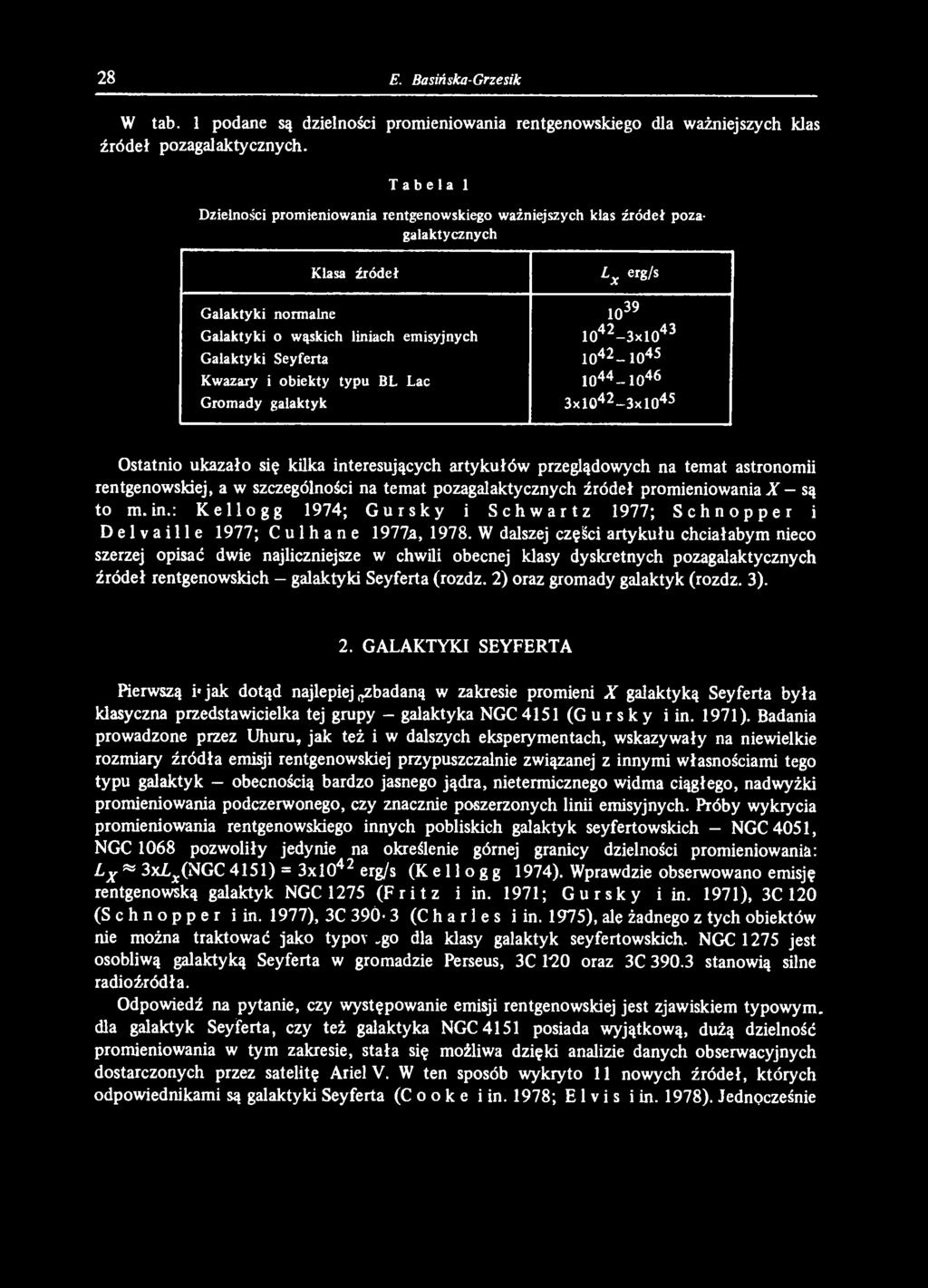 W dalszej części artykułu chciałabym nieco szerzej opisać dwie najliczniejsze w chwili obecnej klasy dyskretnych pozagalaktycznych źródeł rentgenowskich galaktyki Seyferta (rozdz.