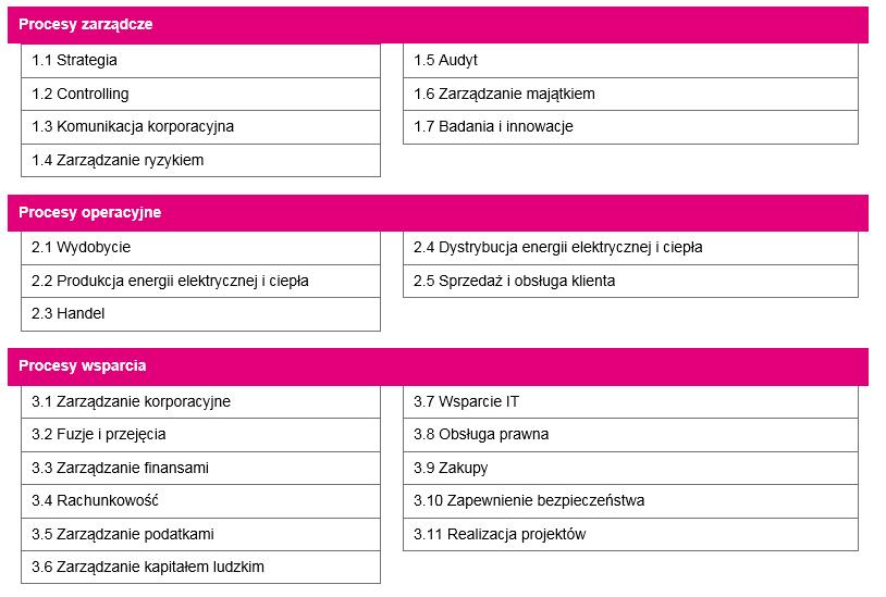 Poniższy rysunek przedstawia strukturę procesów w Grupie Kapitałowej TAURON (megaprocesy). Rysunek nr 16. Struktura procesów w Grupie Kapitałowej TAURON (megaprocesy) 1.5.4.