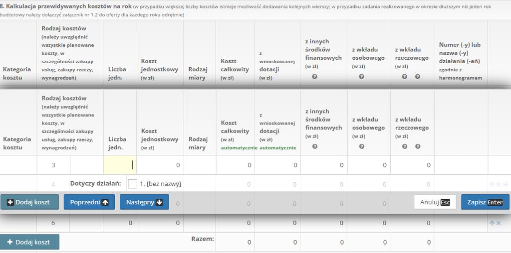 Po kliknięciu w którąkolwiek kolumnę pojawia się okno z edycją pojedynczego kosztu.