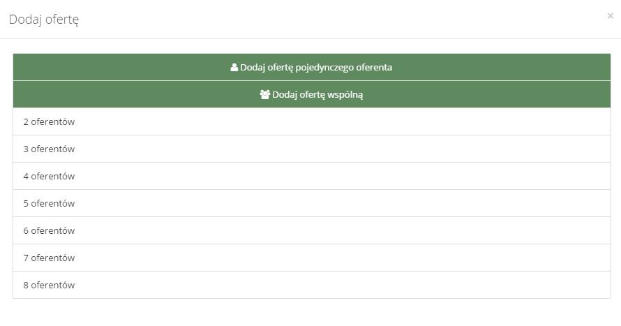 Kiedy wybierzemy liczbę oferentów, w nowym widoku pojawią się trzy opcje. Do każdego oferenta opcję są niezależne, w stosunku do pozostałych oferentów.