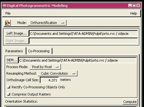 Przeprowadzenie ortorektyfikacji Proces Raster / photogrammetric modeling, tryb orthorectification Wybór obrazu Wskazanie modelu terenu Wybór metody: Pixel by Pixel