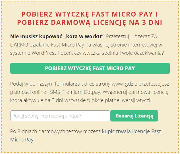 Krok 15. Generowanie darmowej licencji wtyczki na 3 dni. Wejdź na stronę http://platnosci-wordpress.pl/wtyczki-do-platnosci i wygeneruj licencję.