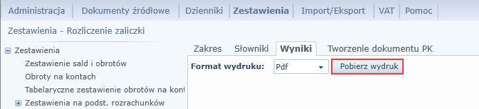 Kliknij menu Zestawienia i wybierz w drzewie danych gałąź Zestawienia z dokumentów źródłowych/ Rozliczenie zaliczki. 2.