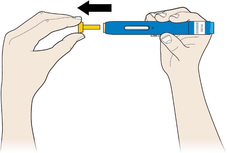 Krok 2.: Przygotowanie bezpośrednie E. Pociągnąć żółtą osłonkę prosto, gdy jesteś gotowy do wstrzyknięcia. Obecność kropli leku na końcu igły lub żółtego zabezpieczenia jest zjawiskiem normalnym.