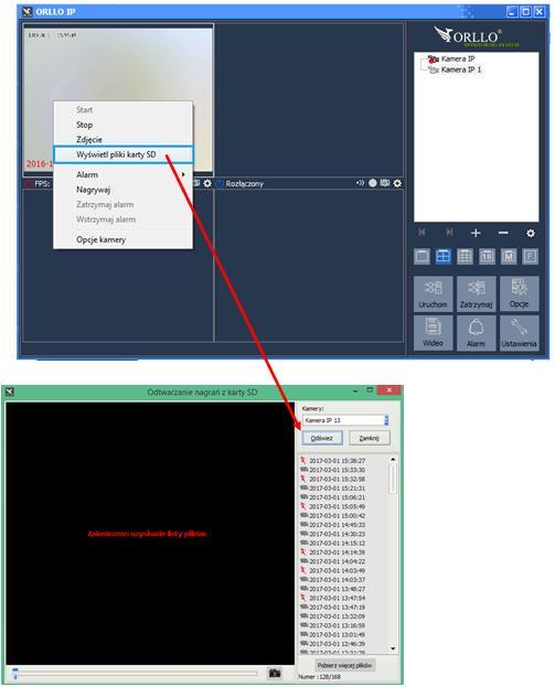 PODGLĄD NAGRAŃ Z KART SD Aby obejrzeć wcześniej nagrane przez kamerę pliki wideo, należy na podglądzie z danej kamery kliknąć prawym przyciskiem