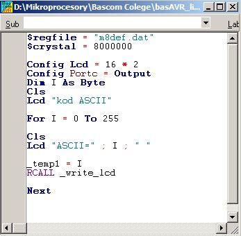 Kod ASCII wyświetlane przez wyświetlacz LCD