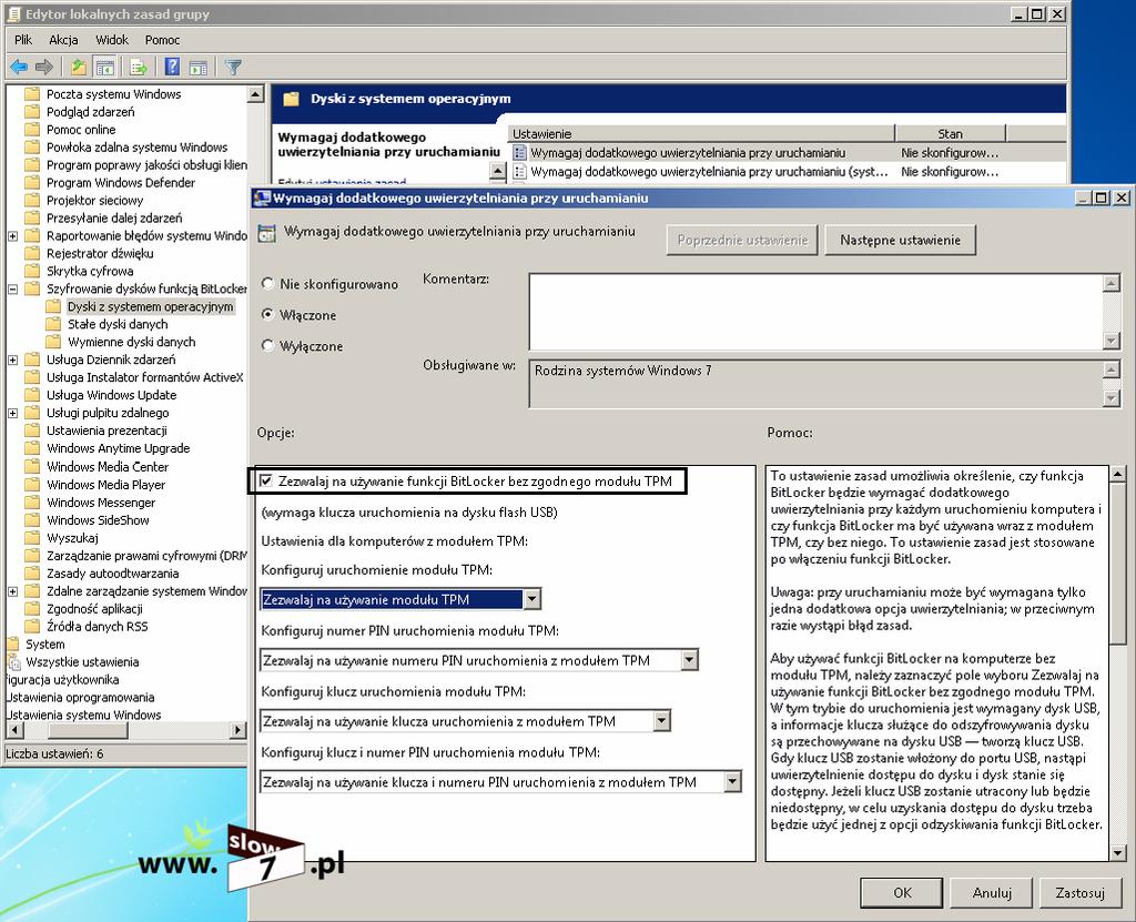 11 (Pobrane z slow7.pl) Rysunek 6 BitLocker - wyłączenie modułu TPM Po przestawieniu tego ustawienia, będziemy mogli zaszyfrować dysk systemowy.