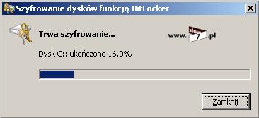 Rysunek 12 BitLocker - proces szyfrowania Czas całego procesu szyfrowania uzależniony jest od zajmowanej pojemności partycji/dysku a