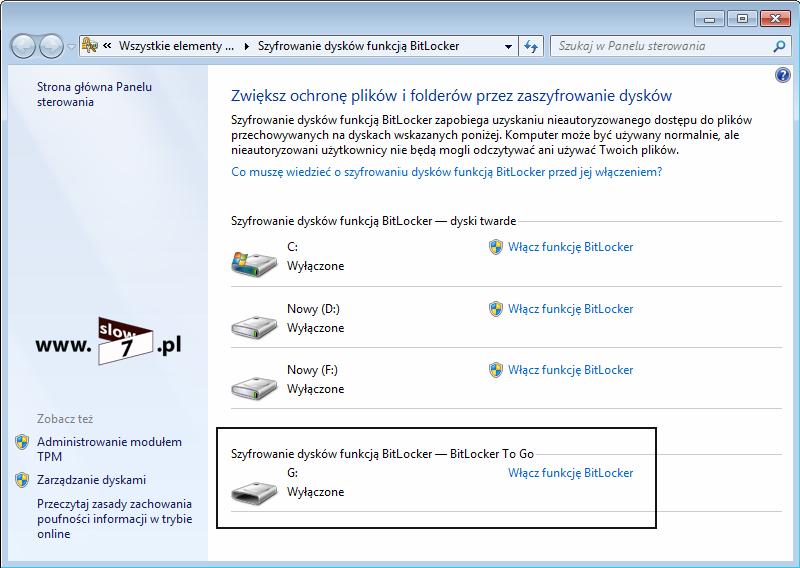 30 (Pobrane z slow7.pl) Rysunek 18 BitLocker to Go - włączenie narzędzia Nastąpi inicjacja przystawki i w nowo otwartym oknie będziemy mogli wybrać sposób ochrony naszych danych.