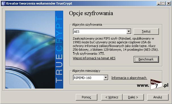 50 (Pobrane z slow7.pl) Rysunek 35 TrueCrypt - wybór algorytmu szyfrowania Na tym etapie można przeprowadzić Benchmark, by określić szybkość szyfrowania danych.