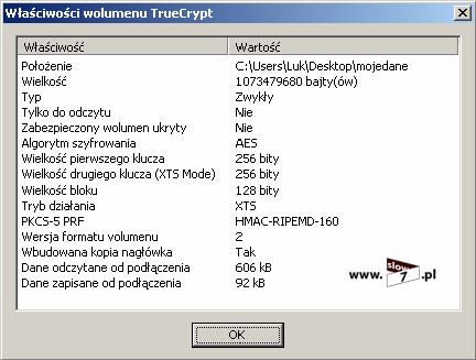 60 (Pobrane z slow7.pl) Rysunek 44 TrueCrypt - właściwości wolumenu By skończyć korzystanie z wolumenu kliknij Odłącz. Truecrypt - Tworzenie wolumenu ukrytego.