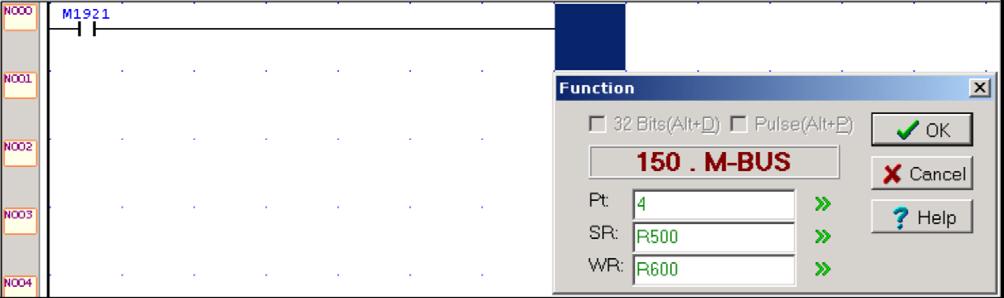 Krok 3. Ustawienie portu sterownika jako MASTER komunikacji w sieci ModBus Aby port sterownika stał się MASTERem komunikacji w sieci ModBus, należy w programie wstawić funkcję nr 150.