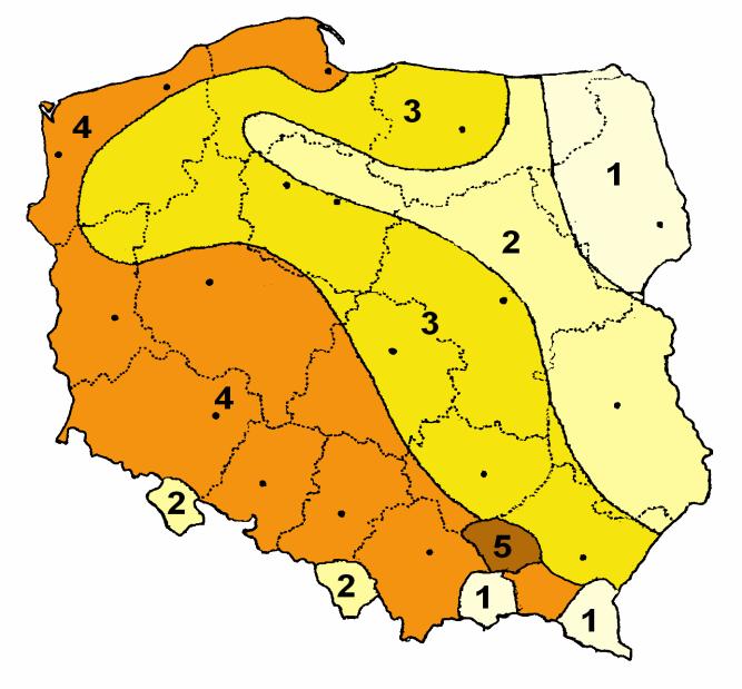 Przestrzenna ocena przezimowania rzepaku w Polsce (w %) średnia z lat 1983/84-1985/6 i 2004/05-2006/07 (Wałkowski 2013) Ze względu na występowanie w kraju zróżnicowanych warunków termicznych w