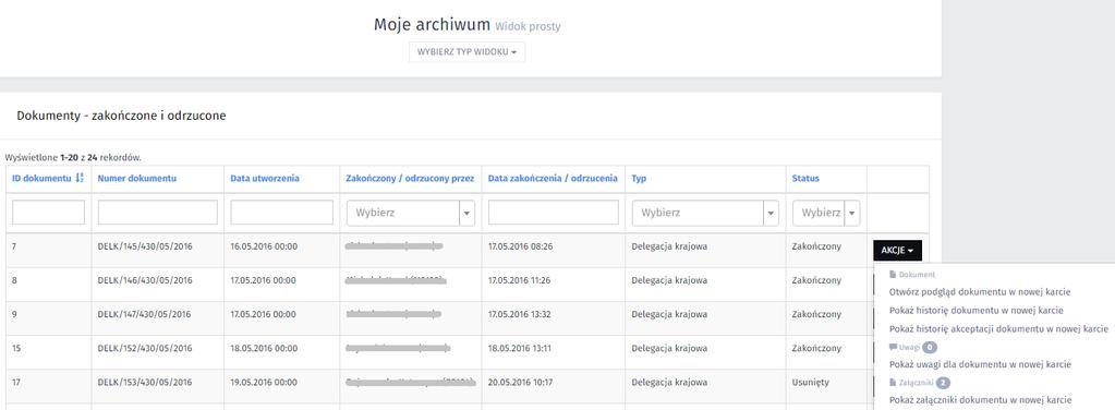 4.5.Moje archiwum widok prosty i złożony Moje archiwum - to zbiór dokumentów z zakończonym obiegiem (status dokumentu zakończony lub usunięty), których autorem jest zalogowany użytkownik.