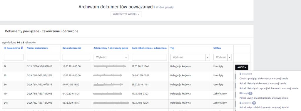 4.6.Archiwum dokumentów powiązanych widok prosty i złożony Archiwum dokumentów powiązanych to zbiór dokumentów z zakończonym obiegiem (status dokumentu zakończony lub usunięty), na których zalogowany