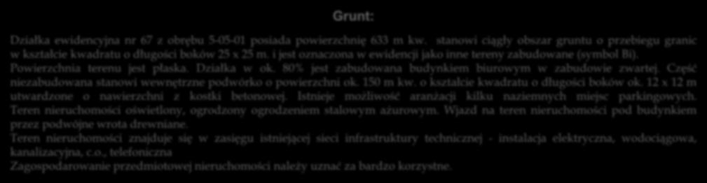 Część niezabudowana stanowi wewnętrzne podwórko o powierzchni ok. 150 m kw. o kształcie kwadratu o długości boków ok. 12 x 12 m utwardzone o nawierzchni z kostki betonowej.