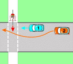 b) motorowerzysta nie może wjechać na skrzyżowanie, c) motorowerzysta ustępuje pierwszeństwa tylko pojazdowi 2.