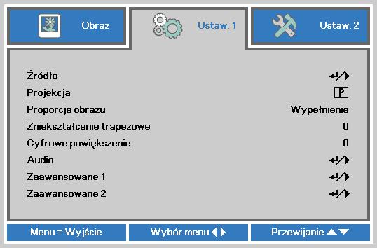 Menu Ustaw. 1 Naciśnij przycisk MENU, aby otworzyć menu OSD. Naciśnij przycisk kursora w celu przejścia do menu Ustaw. 1. Naciśnij przycisk kursora w celu przejścia w górę lub w dół w menu Ustaw 1.