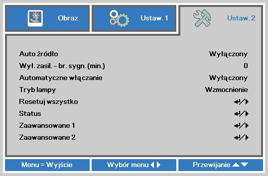 Menu Ustaw. 2 Projektor DLP Instrukcja obsługi Naciśnij przycisk MENU, aby otworzyć menu OSD. Naciśnij przycisk kursora w celu przejścia do menu Ustaw. 2. Naciśnij przycisk kursora w celu przejścia w górę lub w dół w menu Ustaw 2.