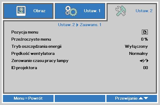 Funkcja Zaawansowane 1 Projektor DLP Instrukcja obsługi Naciśnij przycisk Menu, aby otworzyć menu OSD. Naciśnij, aby przejść do menu Ustaw. 2.